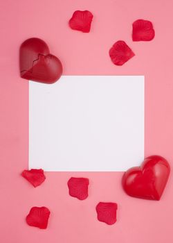 valentine card with hearts and roses on pink background