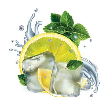 Composition with fresh lemon, mint leaves and ice cubes on a white background. Realistic style illustration.