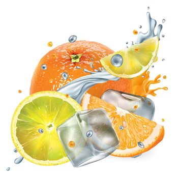 Composition with fresh orange, lemon and ice cubes on a white background. Realistic style illustration.