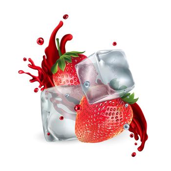 Composition with fresh strawberries and ice cubes on a white background. Realistic style illustration.