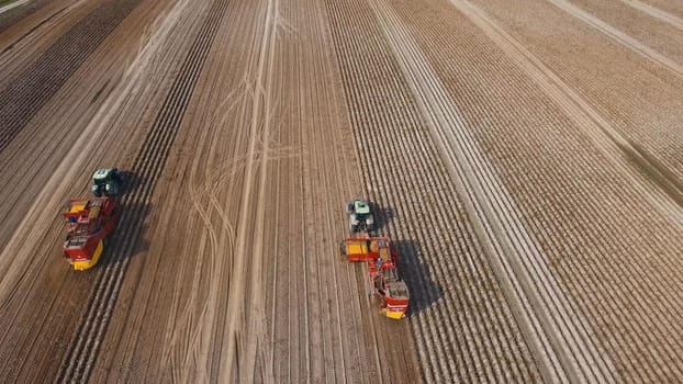 Farm machinery harvesting potatoes. Farmer field with a potato crop.