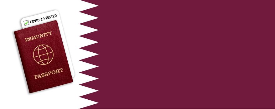 Concept of Immunity passport, certificate for traveling after pandemic for people who have had coronavirus or made vaccine and test result for COVID-19 on flag of Qatar