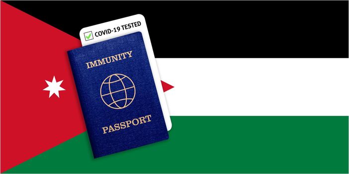 Concept of Immunity passport, certificate for traveling after pandemic for people who have had coronavirus or made vaccine and test result for COVID-19 on flag of Jordan