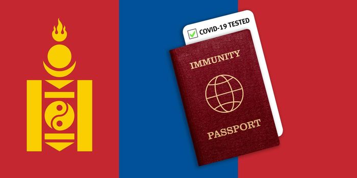 Concept of Immunity passport, certificate for traveling after pandemic for people who have had coronavirus or made vaccine and test result for COVID-19 on flag of Mongolia