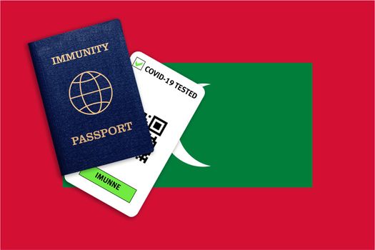 Concept of Immunity passport, certificate for traveling after pandemic for people who have had coronavirus or made vaccine and test result for COVID-19 on flag of Maldives