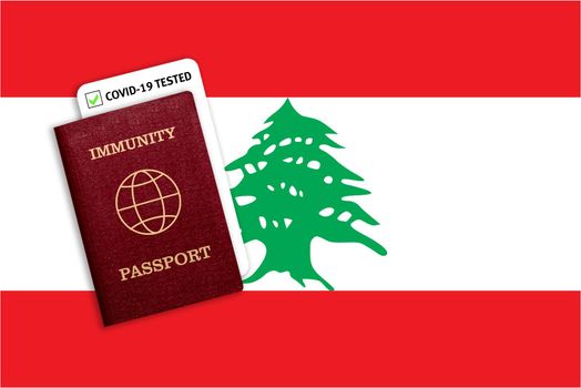Concept of Immunity passport, certificate for traveling after pandemic for people who have had coronavirus or made vaccine and test result for COVID-19 on flag of Lebanon