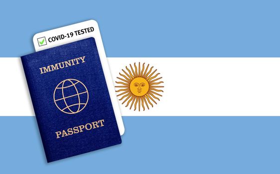 Concept of Immunity passport, certificate for traveling after pandemic for people who have had coronavirus or made vaccine and test result for COVID-19 on flag of Argentina