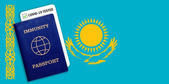 Concept of Immunity passport, certificate for traveling after pandemic for people who have had coronavirus or made vaccine and test result for COVID-19 on flag of Kazakhstan