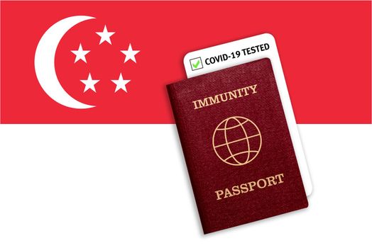 Concept of Immunity passport, certificate for traveling after pandemic for people who have had coronavirus or made vaccine and test result for COVID-19 on flag of Singapore