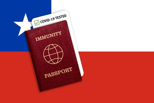 Concept of Immunity passport, certificate for traveling after pandemic for people who have had coronavirus or made vaccine and test result for COVID-19 on flag of Chilie