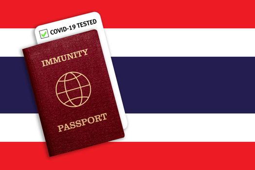 Concept of Immunity passport, certificate for traveling after pandemic for people who have had coronavirus or made vaccine and test result for COVID-19 on flag of Thailand