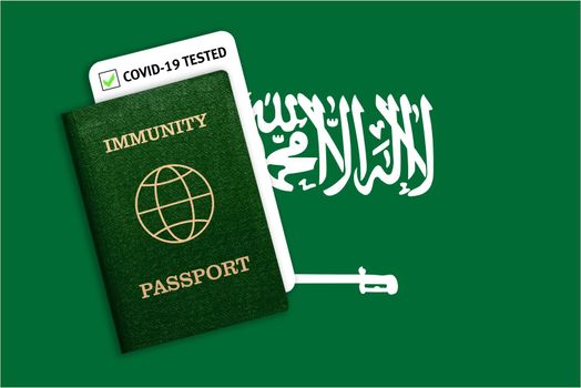 Concept of Immunity passport, certificate for traveling after pandemic for people who have had coronavirus or made vaccine and test result for COVID-19 on flag of Saudi Arabia