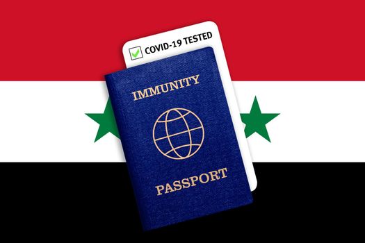 Concept of Immunity passport, certificate for traveling after pandemic for people who have had coronavirus or made vaccine and test result for COVID-19 on flag of Syria