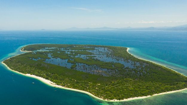 Island with a sandy beach and azure water surrounded by a coral reef and an atoll. Great Santa Cruz island. Zamboanga, Mindanao, Philippines.