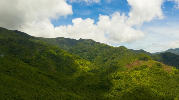 Mountain landscape on tropical island with mountain peaks covered with forest.