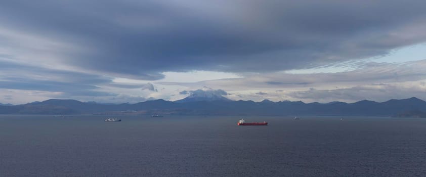 Panorama of Avacha Bay with a view of the volcano Viluchinsky. Kamchatka, Russia