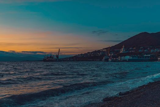 Petropavlovsk-Kamchatsky, Russia. Seascape with sunset and coastline views.