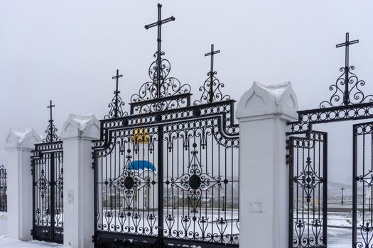 Petropavlovsk-Kamchatsky, Russia. Metal gates at the Church of St. Nicholas