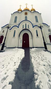 Vertical panorama of the Cathedral in Petropavlovsk-Kamchatsky, Russia.