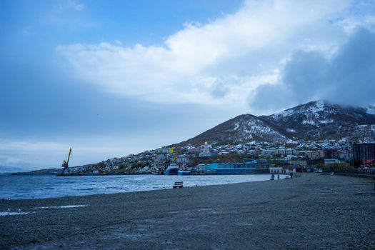 Petropavlovsk-Kamchatsky, Russia-October 6, 2019: Marine landscape with views of town beach