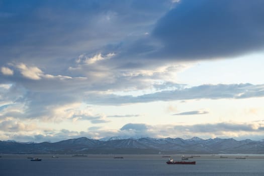 Marine landscape with views of the Avacha Bay with the ships. Petropavlovsk-Kamchatsky, Russia
