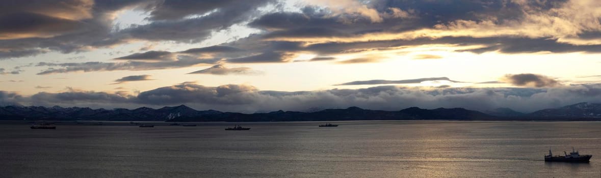 Panorama of Avacha Bay with a view of the volcano Viluchinsky. Kamchatka, Russia