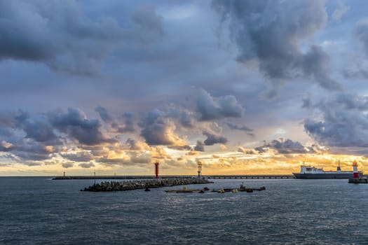 Dramatic sunset over the sea on an autumn evening in Sochi