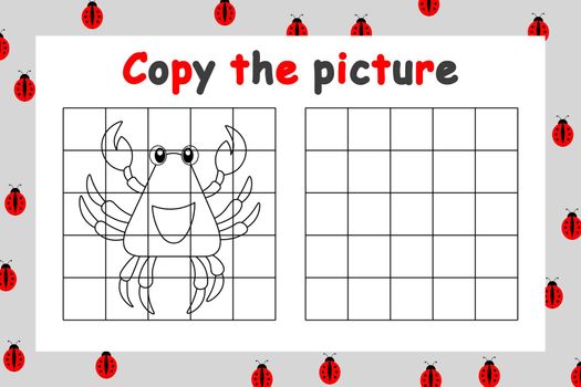 Copy the picture. Educational game for children. Cute crab. Drawing activity for kids. Colorful cartoon vector illustration.