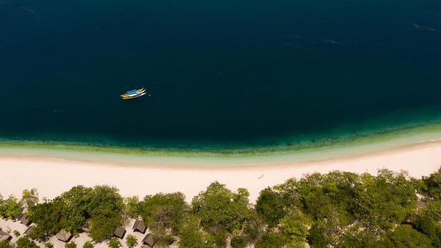 Tropical landscape: island with beautiful beach by turquoise water view from above. Great Santa Cruz island. Zamboanga, Mindanao, Philippines. Summer and travel vacation concept.