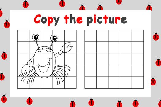Copy the picture. Educational game for children. Cute crab. Drawing activity for kids. Colorful cartoon vector illustration.