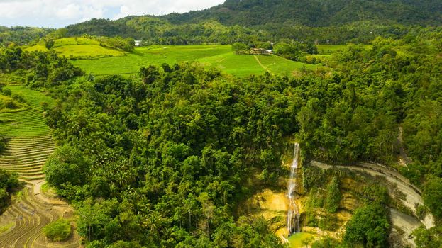 Tropical landscape: Beautiful waterfall and rice terraces. Aerial view of Can-umantad Falls.