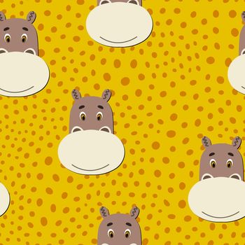 Vector flat animals colorful illustration for kids. Seamless pattern with cute hippopotamus face on yellow polka dots background. Adorable cartoon character. Design for card, poster, fabric, textile.