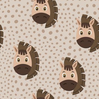 Vector flat animals colorful illustration for kids. Seamless pattern with cute horse face on beige polka dots background. Adorable cartoon character. Design for textures, card, poster, fabric,textile