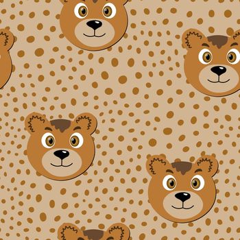 Vector flat animals colorful illustration for kids. Seamless pattern with cute bear face on beige polka dots background. Adorable cartoon character. Design for card, poster, fabric, textile