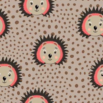 Vector flat animals colorful illustration for kids. Seamless pattern with cute hedgehog face on beige polka dots background. Adorable cartoon character. Design for card, poster, fabric, textile