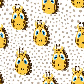 Vector flat animals colorful illustration for kids. Seamless pattern with cute giraffe face on white polka dots background. Adorable cartoon character. Design for card, poster, fabric, textile.