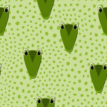 Vector flat animals colorful illustration for kids. Seamless pattern with cute crocodile face on green polka dots background. Adorable cartoon character. Design for card, poster, fabric, textile.