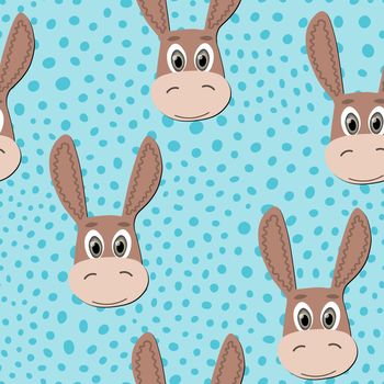 Vector flat animals colorful illustration for kids. Seamless pattern with cute donkey face on blue polka dots ackground. Cartoon adorable character. Design for textures, card, poster, fabric,textile