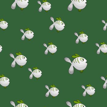 Seamless pattern with cute fish on green background. Vector cartoon animals colorful illustration. Adorable character for cards, wallpaper, textile, fabric. Flat style