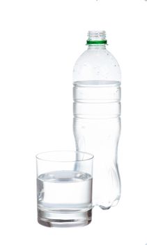 water in plastic bottle with glass isolated on white background