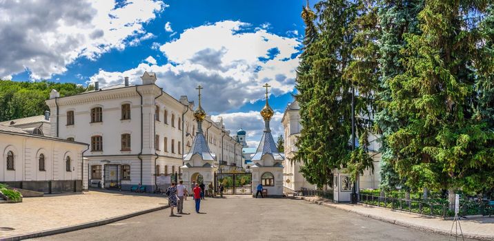 Svyatogorsk, Ukraine 07.16.2020.  The main entrance to territory of the Svyatogorsk Lavra  in Ukraine, on a sunny summer morning