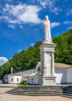 Svyatogorsk, Ukraine 07.16.2020.  Monument to the Holy Mother of God near the Svyatogorsk or Sviatohirsk lavra on a sunny summer morning