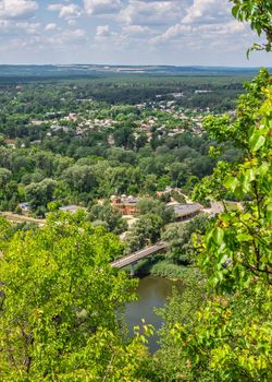 Svyatogorsk, Ukraine 07.16.2020.  View from above of the Svyatogorsk bridge near the Holy Mountains Lavra in Svyatogorsk, Ukraine, on a sunny summer day