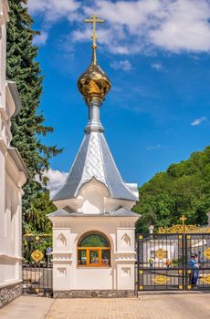 Svyatogorsk, Ukraine 07.16.2020.  The main entrance to territory of the Svyatogorsk Lavra  in Ukraine, on a sunny summer morning