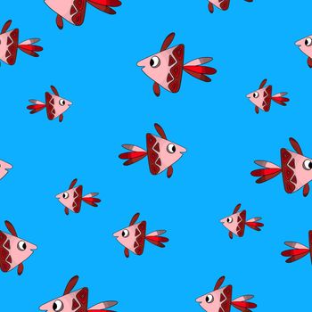 Seamless pattern with cute fish on blue background. Vector cartoon animals colorful illustration. Adorable character for cards, wallpaper, textile, fabric. Flat style