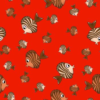 Seamless pattern with cute fish on red background. Vector cartoon animals colorful illustration. Adorable character for cards, wallpaper, textile, fabric. Flat style
