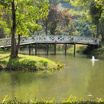 white wooden bridge footbrige across pond lake in garden park