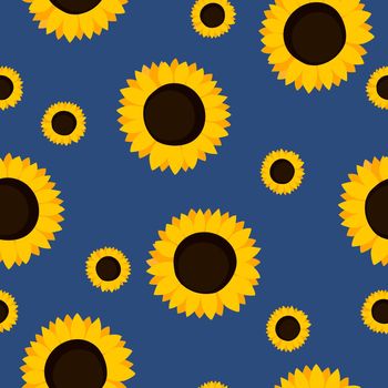 Summer colorful seamless pattern with orange sunflowers on blue background. Cartoon style. Design for fabric, textile, posters, card, paper. Beauty flowers. Vector illustration.