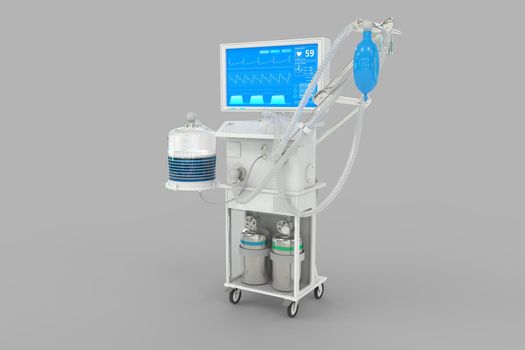 ICU artificial lung ventilator with fictive design isolated on grey background - heal corona virus concept, medical 3D illustration