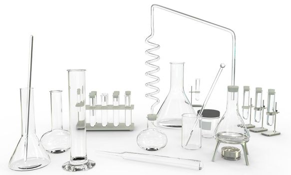 3D illustration of objects - laboratory test-tubes with various chemical glassware empty on white background - study concept background